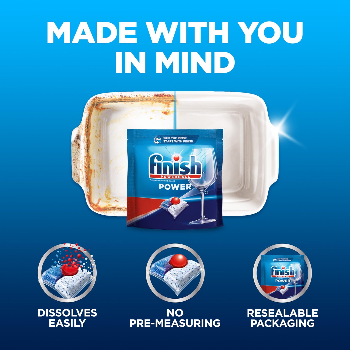 Finish Power Dishwasher Pods, No Pre-Rinse Dishwasher Detergent Soap for Deep Clean & Shine with Degreasing Power, 43 Count