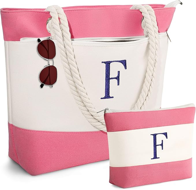 YOOLIFE Beach Bags for Women - Initial Canvas Tote Waterproof Bag with Makeup Bag Gifts for Women Mom Friend Birthday Her