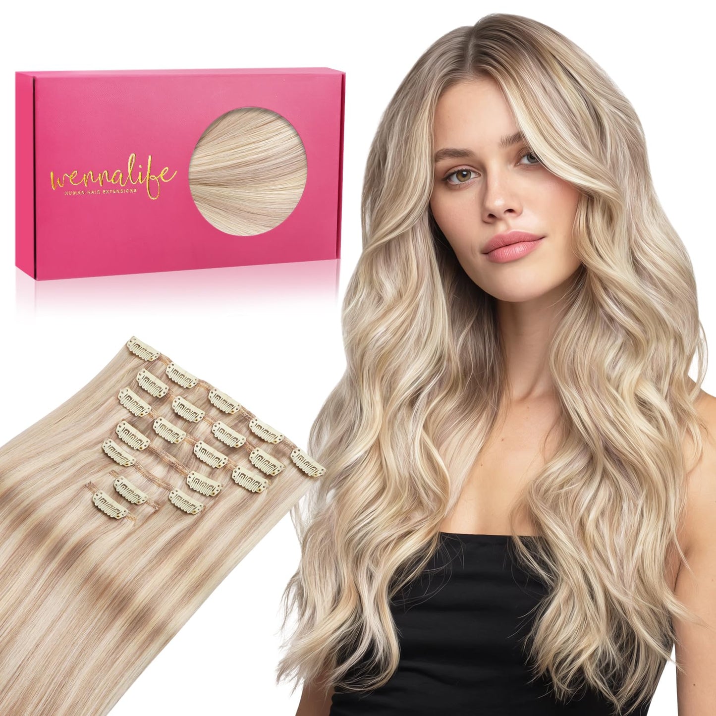 WENNALIFE Clip in Hair Extensions Real Human Hair, 20 Inch 120g 7pcs Balayage Light Wheat Platinum Blonde Remy Hair Straight Nat