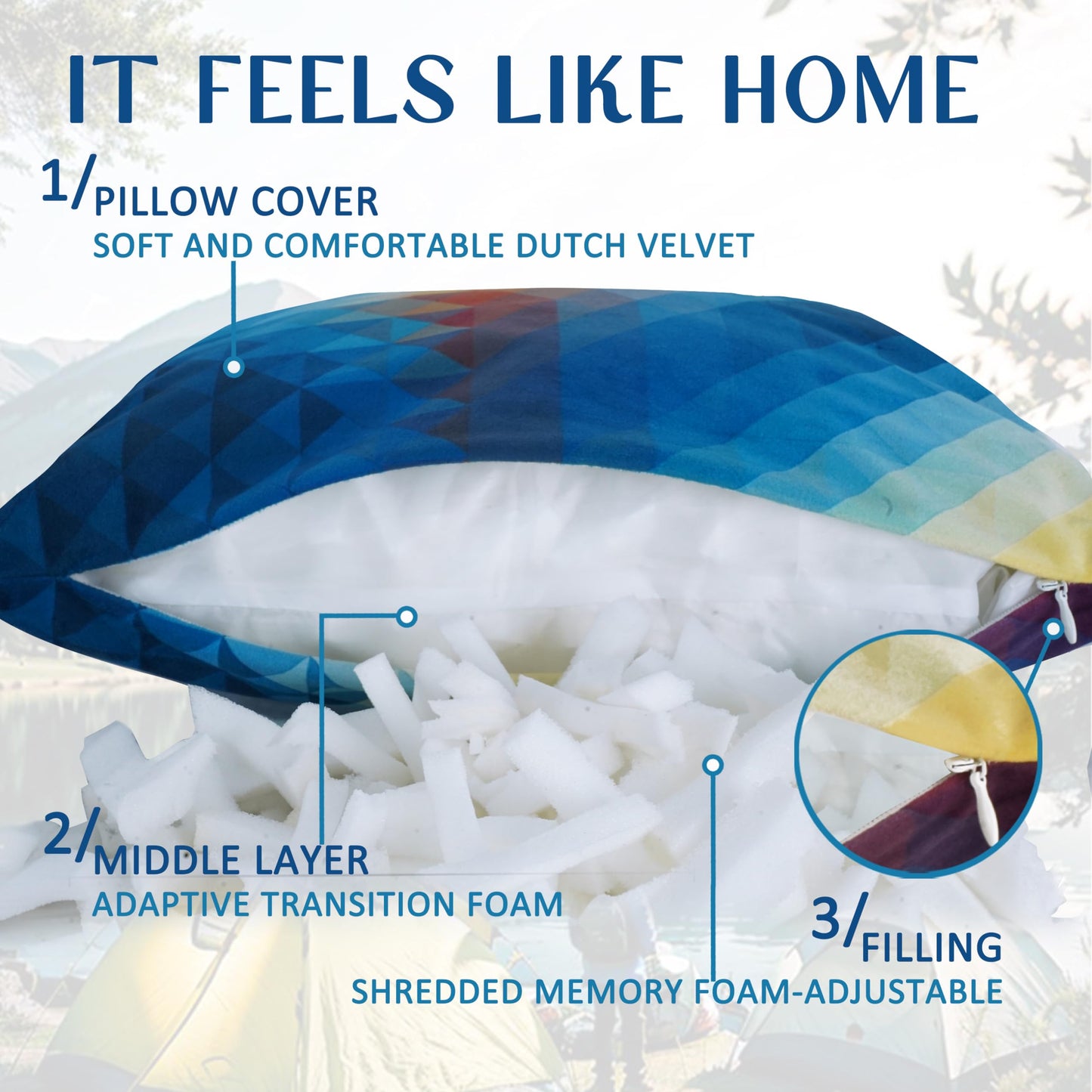Xmzsdz Camping Pillow Shredded Memory Foam Travel Pillows for Sleeping Compressible Lightweight Camp Pillow Washable Backpacking Pillow for Camping & Hiking Firm Supportive Small Pillow for Travel
