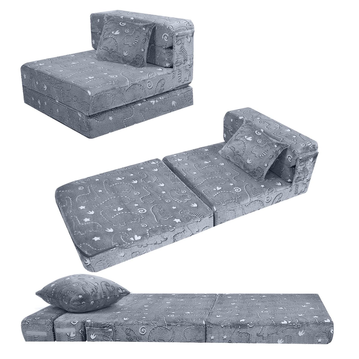 MeMoreCool Kids Floor Mattress Glow in The Dark, Convertible Sofa Couch, Folding Futon Chair Bed Sleeper for Baby Playroom (Glowing Dinosaur)