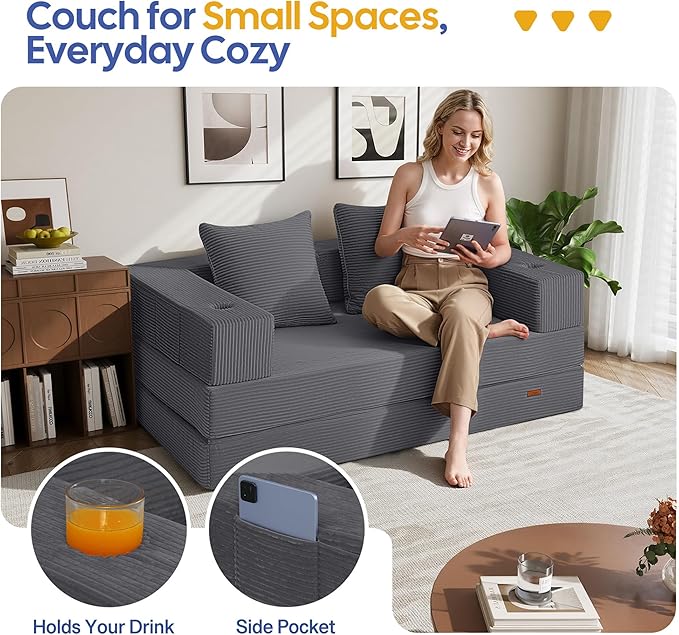 COMAX Futon Sofa Bed, 4‑in‑1 Convertible Sofa Bed, Folding Boneless Couches for Living Room, Fold Out Small Foldable Loveseat Floor Sleeper Comfy Mattress Lounge Space‑Saving, Grey