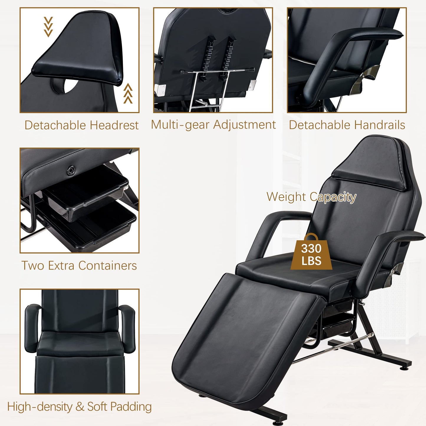 Favfurish Massage Salon Tattoo Chair,Multi-Purpose 3-Section Facial Bed Table, with Hydraulic Stool and Two Trays, Adjustable,fit for Beauty,Barber,Spa,Easy to Assemble, Faux Fur, Black