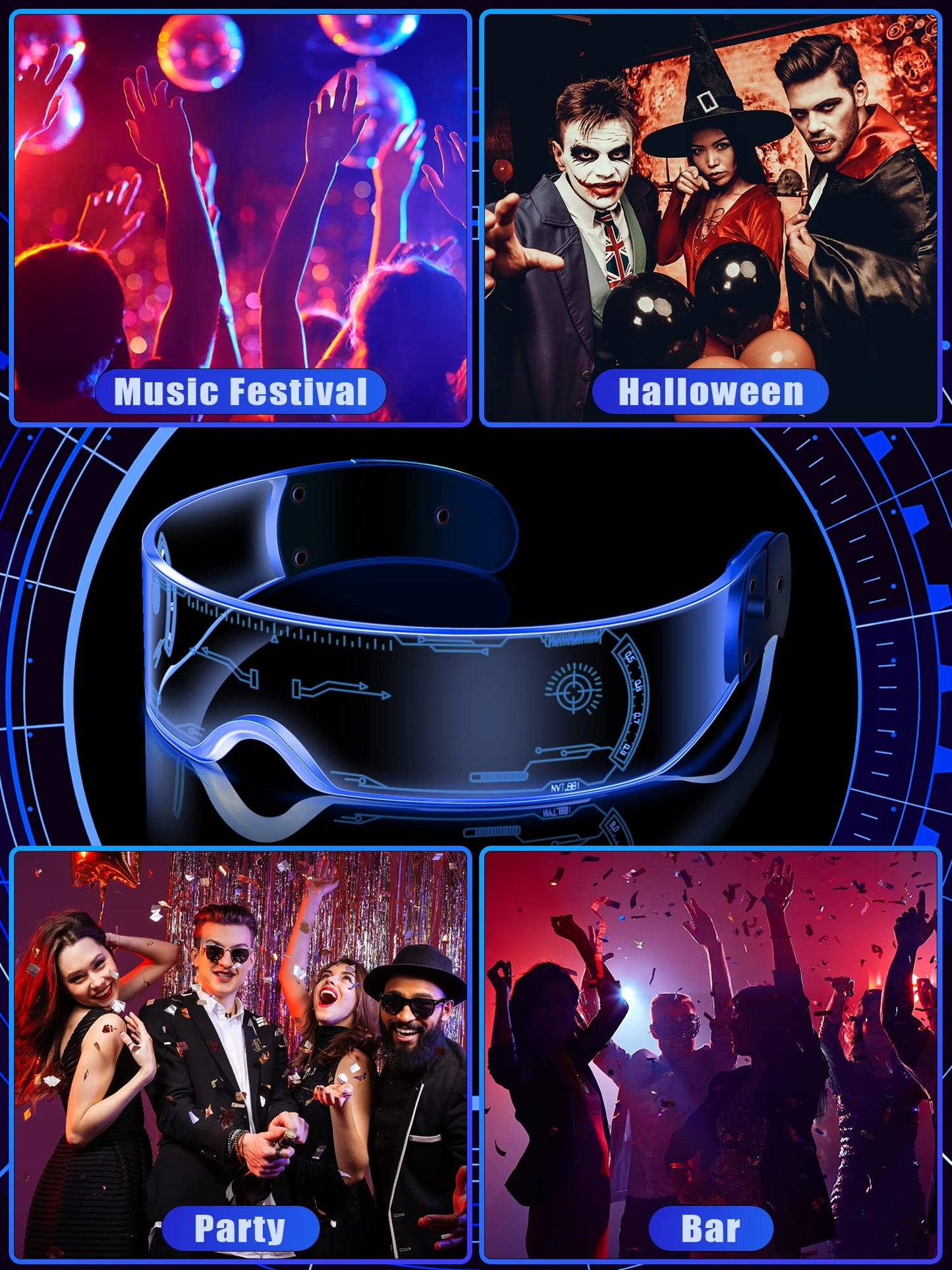 TOODOO 2 Pairs LED Visor Glasses 7 Colors Futuristic Glasses Light up Punk Accessories for Rave Party Costume(Attractive Style)