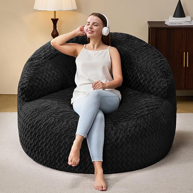 Hobestluk Bean Bag Chair Giant Bean Bag Chairs for Adults Big Bean Bag Chair with Memory Foam Filler Adults Large Beanbag with Faux Fur Cover for Bedroom (Chevron Black,Oversize)