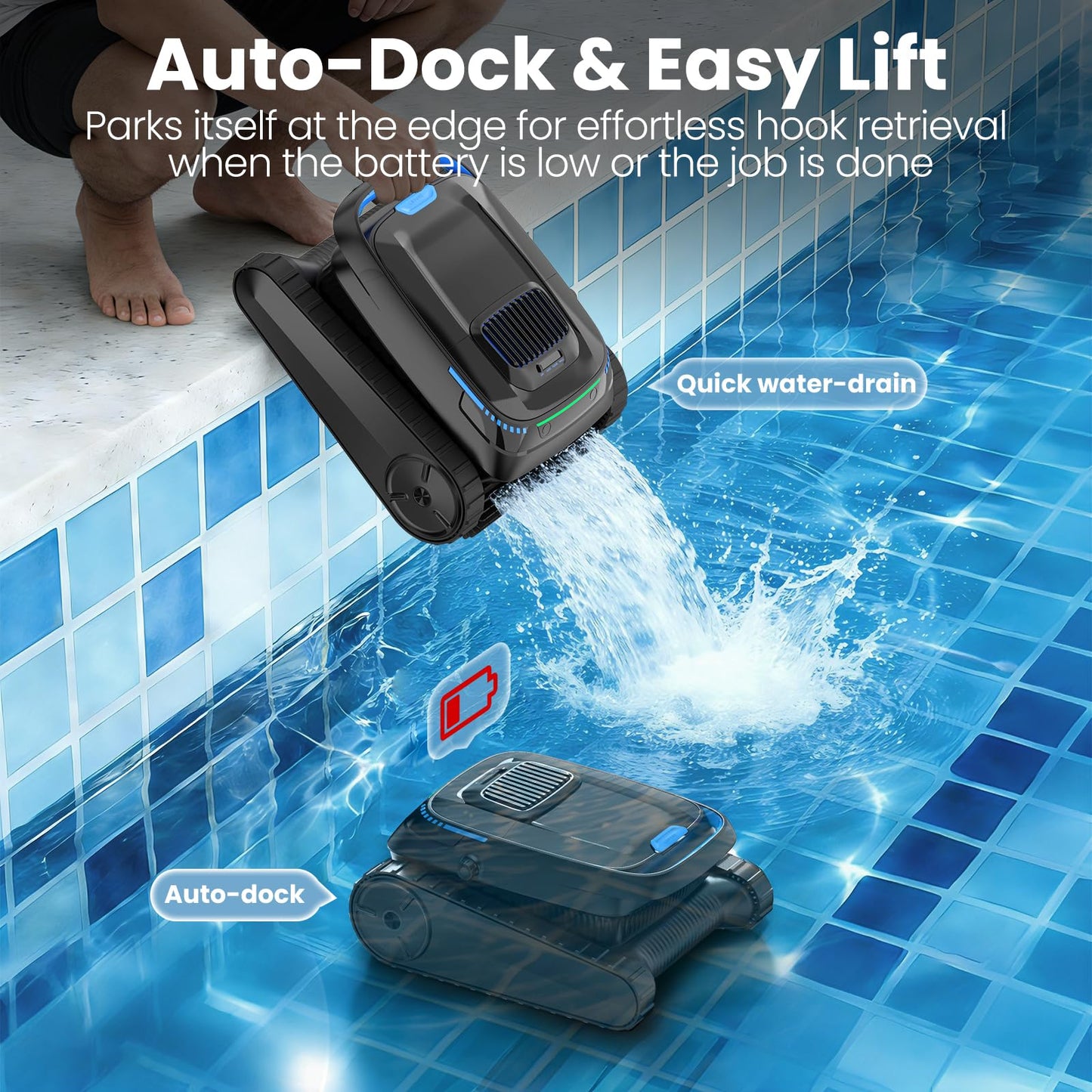 BOTLUXE Robotic Pool Vacuum PC10, Cordless Pool Cleaner Robot for Inground & Above Ground Pools, Smart Navigation, 5000GPH Suction Power for Cleaning Floor, Wall & Waterline, Self-Parking, Black