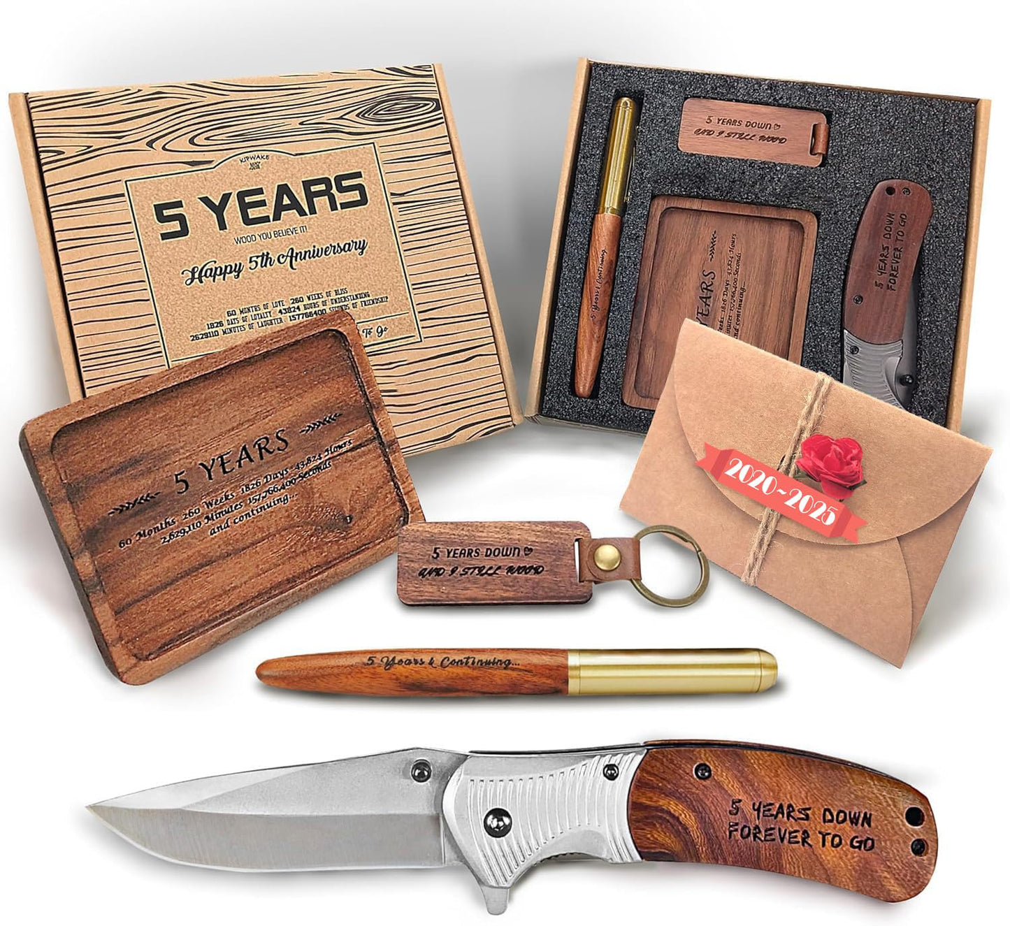 5 Year Anniversary Wooden Gift for Him Wood Gifts Set for 5th Wedding Anniversary 5 Years of Marriage Present for Men Husband Couple Unique Keepsake Including:pocket Knife&ring Dish&pen&keychain