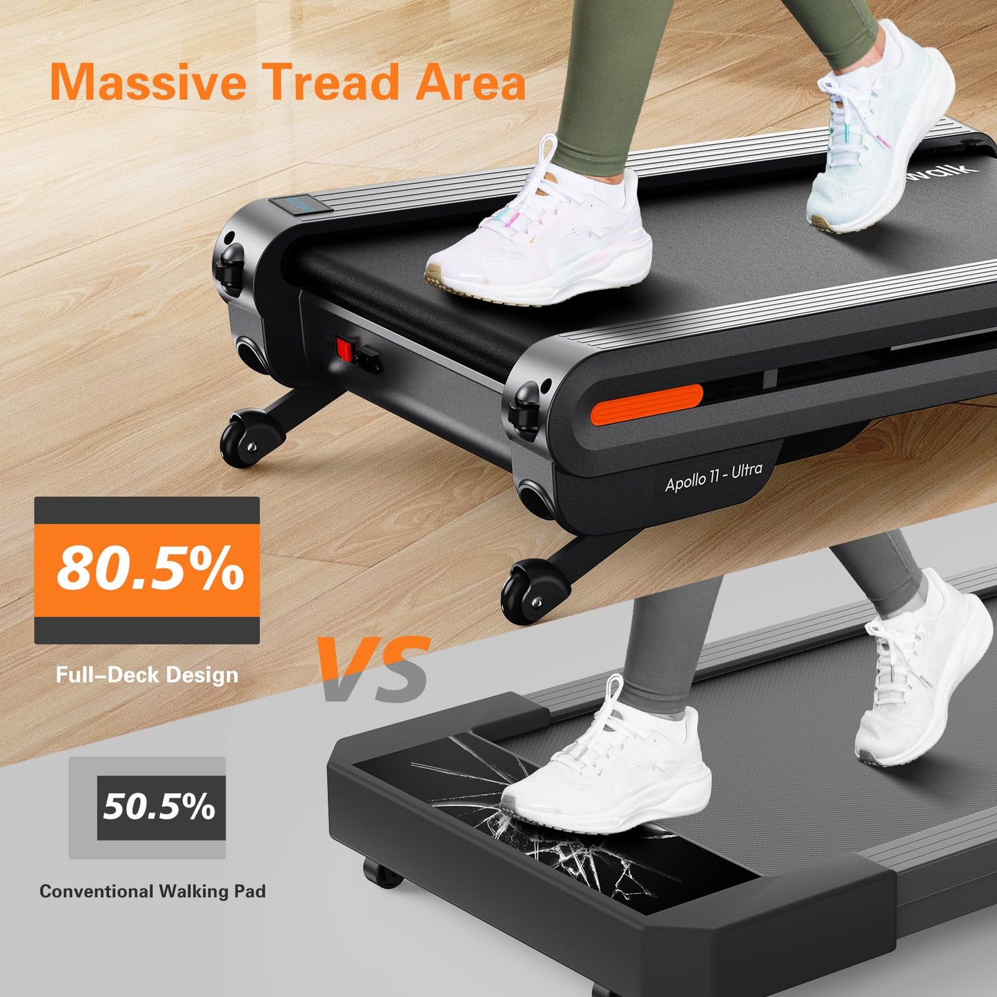 Vitalwalk Walking Pad Treadmill with Incline, 43"x18" Wide Full Deck, Auto Incline, Portable Under Desk Treadmills for Home Office, 4-Way Mobility & Vertical Store, Heavy Duty, APP, Black, Large