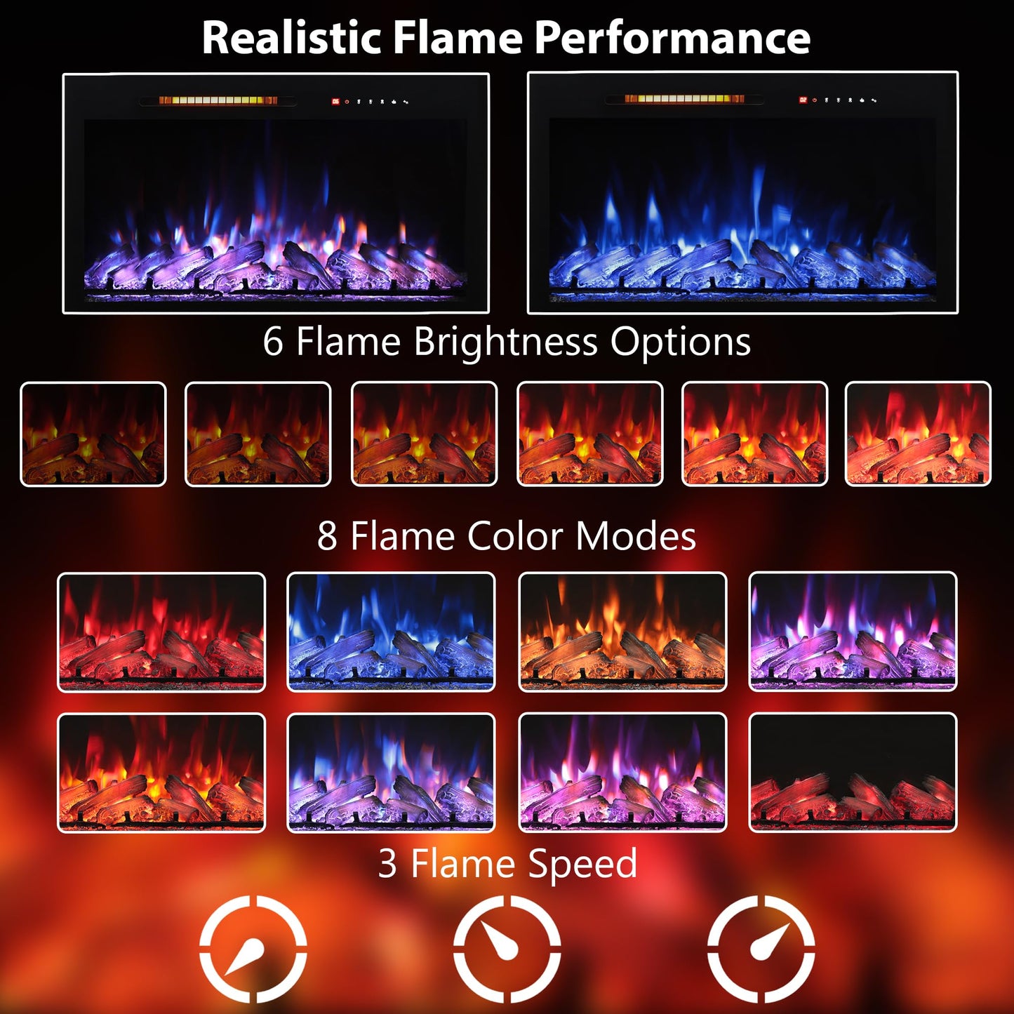 Oxhark Flame 28 Inches Electric Fireplace Insert with Trim Kit, Wall Mounted & Recessed Electric Fireplace Inserts with 8 Flame Colors, Remote Control, 6 Levels Brightness, 9H Timer, Black, 1500W/750W