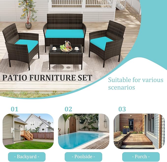 KOTEK 8 Piece Patio Furniture Set, Outdoor Rattan Conversation Set with Loveseat, Wicker Chairs, Tempered Glass Coffee Table, Wicker Patio Set for Backyard, Porch (Turquoise)