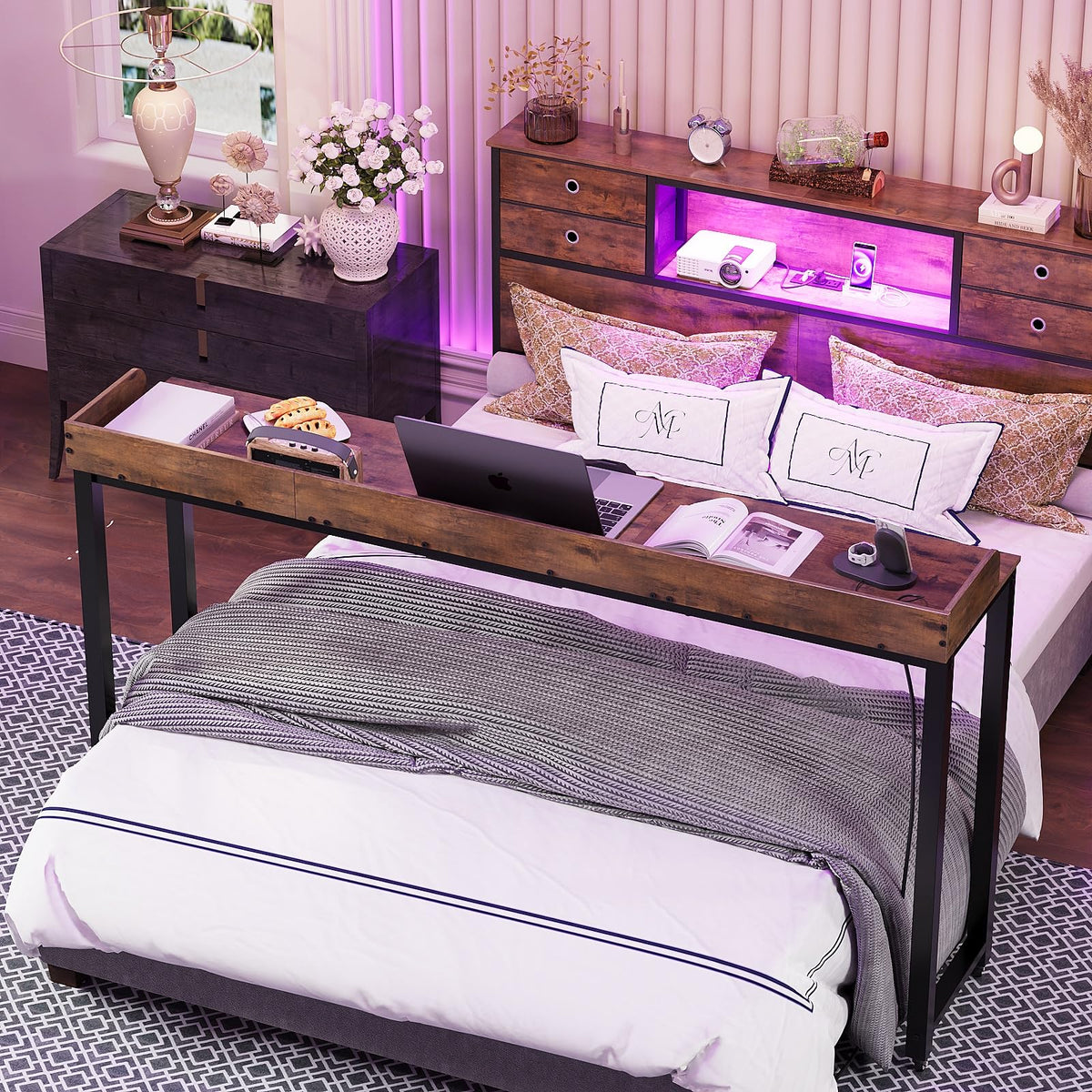 GiftGo Overbed Table with Wheels Portable Rolling Queen Size Mobile Bed Desk with Adjustable Tilt Stand Standing Laptop Cart with Outlets & USB Ports (Rustic Brown, 71 inches)
