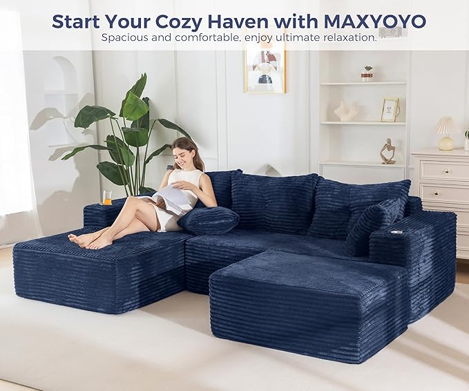 MAXYOYO 104" U-Shaped Modular Sectional Couch, Modern Boneless Couch for Living Room, Sofa in A Box, Oversized Sofa Sleeper with Deep Seat, No Assembly Required, Navy