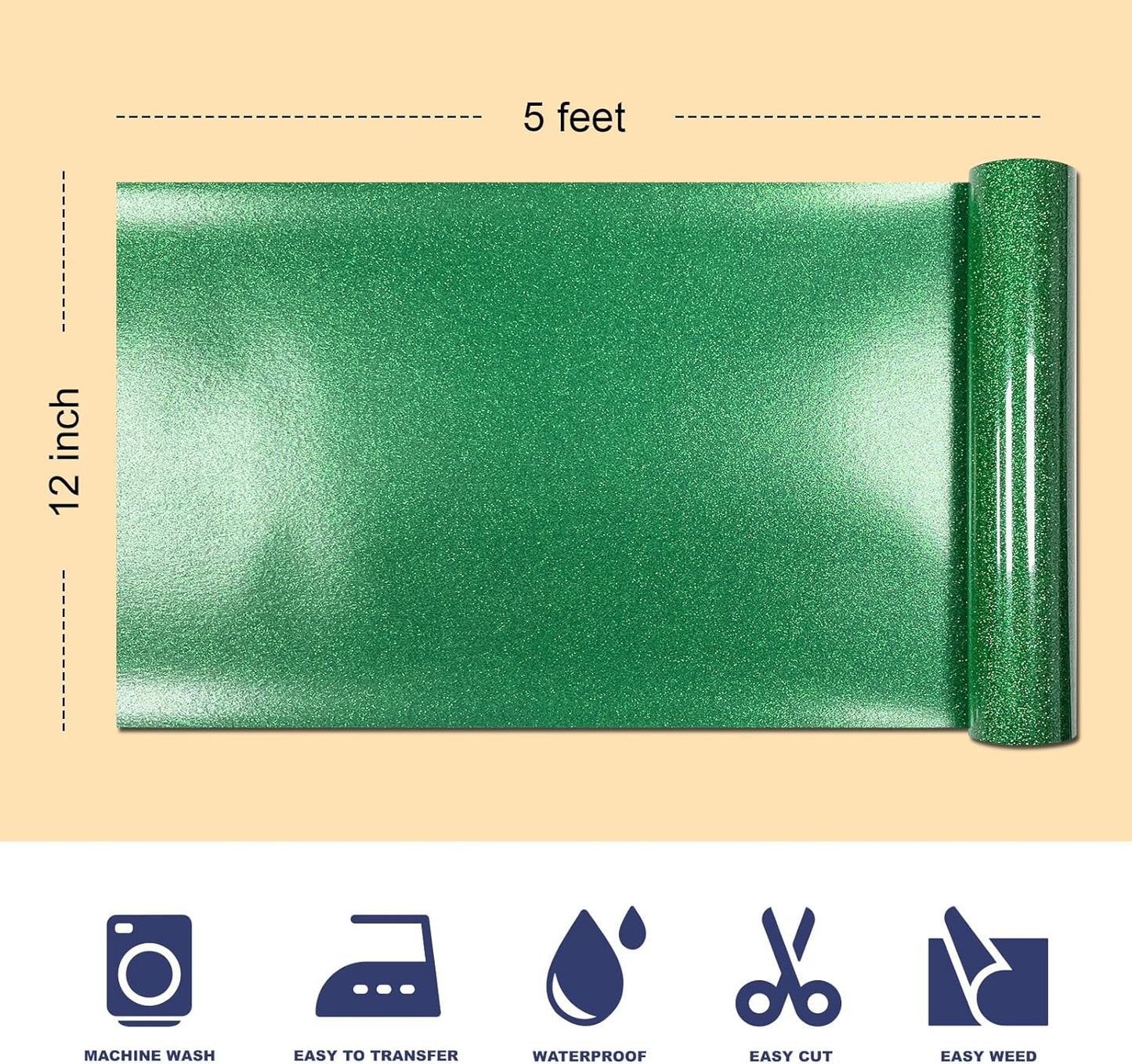 Christmas Green Glitter HTV Heat Transfer Vinyl, 12" x 5ft lron on Vinyl, for T-Shirt Ironing, Vinyl HTV Easy to Cut and Weed, The Best Choice for DIY Creativity. (Greener, 12" x5ft)