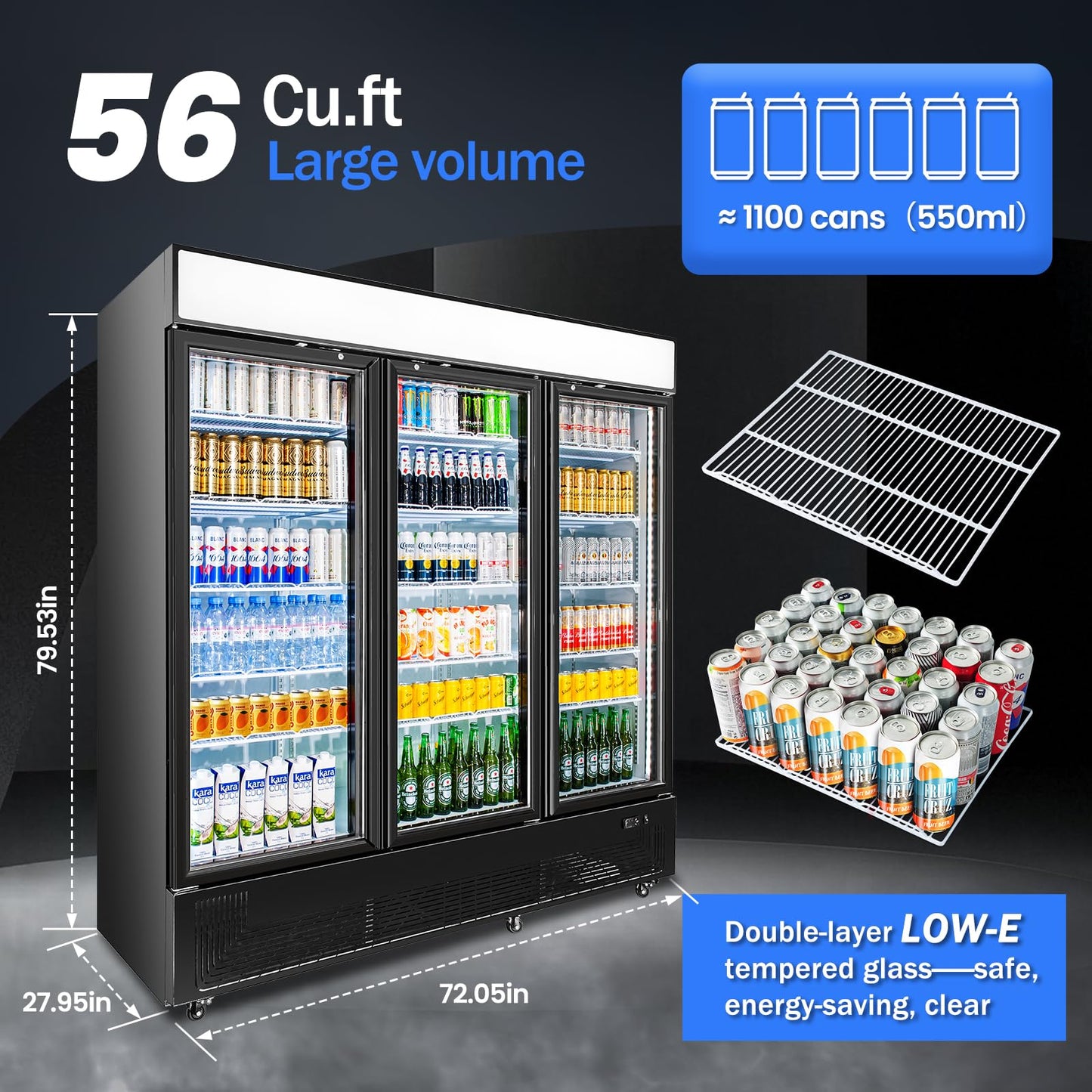 BINGERMA Commercial Beverage Refrigerator with 3 Glass Doors 56 Cu.ft Display Merchandiser Cooler Bar Black Drink Fridge for Convenience Stores, Supermarkets,Bars,Offices