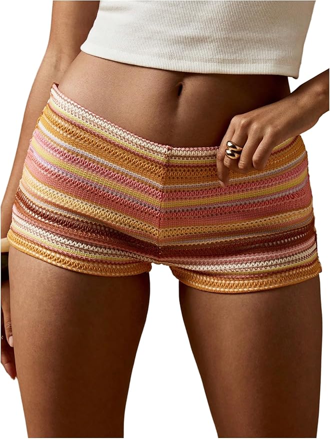 RoseSeek Women's Striped Color Block Low Rise Mini Shorts Boho Summer Skinny Shorts Hot Pants Festival Outfits