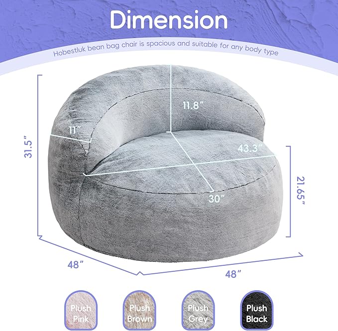 Hobestluk Bean Bag Chair Giant Bean Bag Chairs for Adults Big Bean Bag Chair with Memory Foam Filler Adults Large Beanbag with Faux Fur Cover for Bedroom (Plush Grey,Oversize)