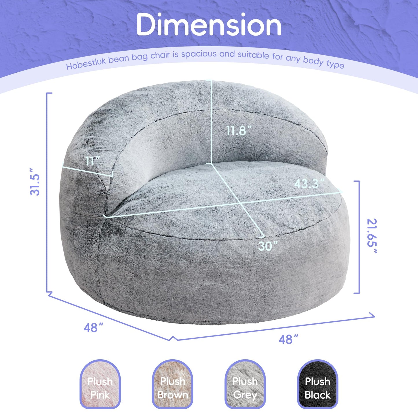 Hobestluk Bean Bag Chair Giant Bean Bag Chairs for Adults Big Bean Bag Chair with Memory Foam Filler Adults Large Beanbag with Faux Fur Cover for Bedroom (Plush Grey,Oversize)