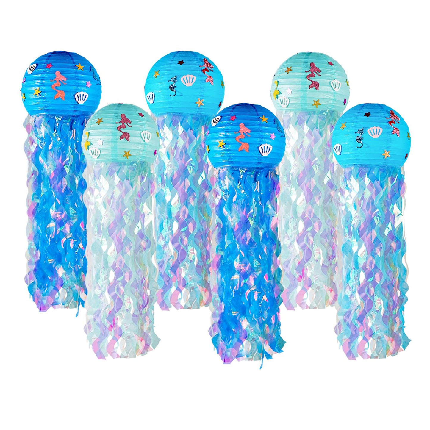 OBXT 12" Blue Jellyfish Lanterns - Mermaid Birthday Decorations, Under the Sea Party Supplies, Ocean Theme Hanging Jellyfish Decor for Classroom, Nautical Events, and Underwater Adventure (Set of 6)
