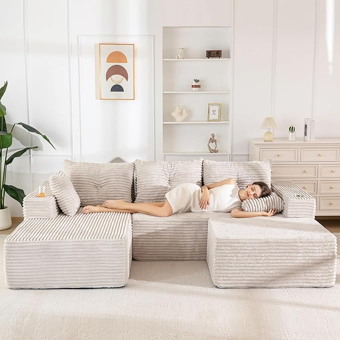 MAXYOYO 104" U-Shaped Modular Sectional Couch, Modern Boneless Couch for Living Room, Sofa in A Box, Oversized Sofa Sleeper with Deep Seat, No Assembly Required, Grayish Beige