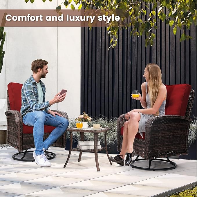 wildformers Luxury Outdoor Swivel Wicker Glider Patio Chairs with Table Set, Overstuffed Washable Cushions, Ideal for Porch, Balcony, Deck, Brown Rattan and Red Cushion