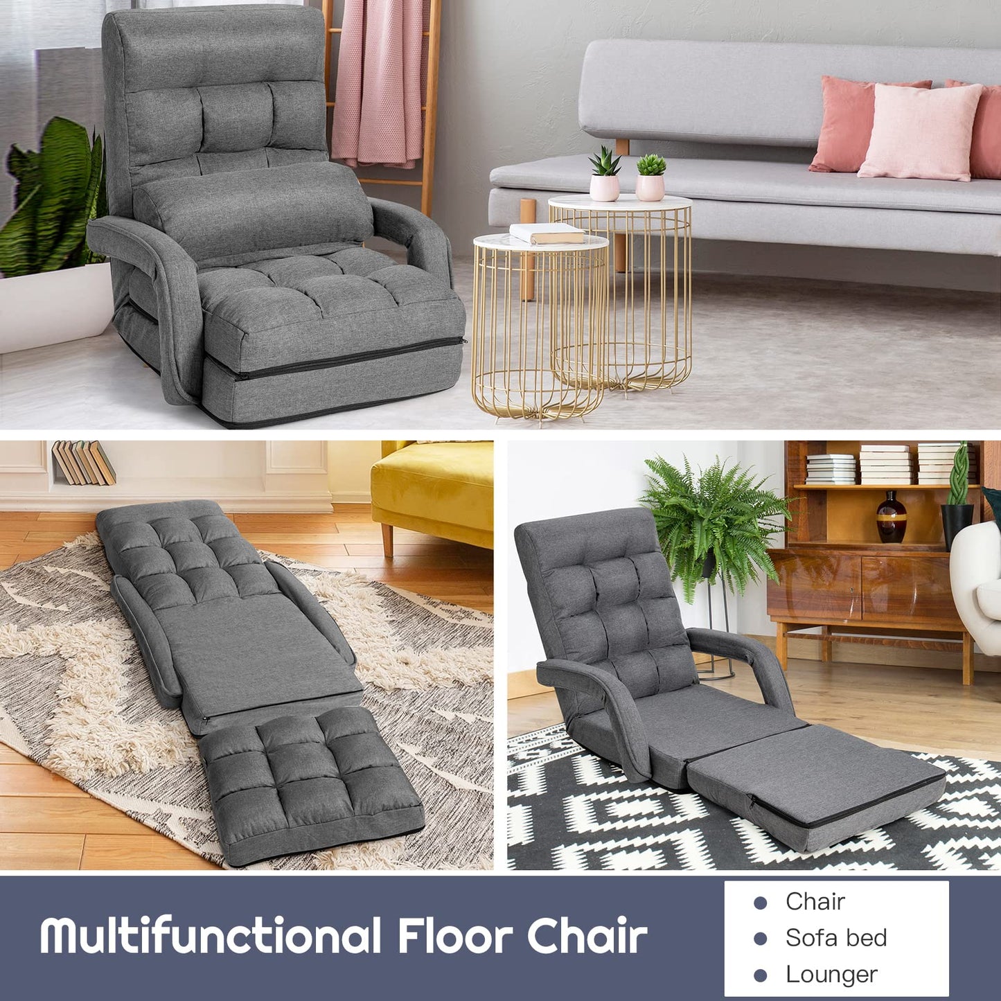 Giantex Folding Floor Chair with 6-Position Adjustable Backrest, Armrests & Removable Pillow, 330Lbs Capacity, Indoor Lazy Sofa Armchair, Chaise Lounger, Gaming Recliner for Living Room Bedroom, Grey