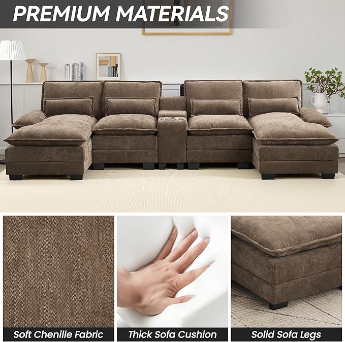 125" U Shaped Cloud Modular Sectional Couch for Living Room, Small Comfy Chenille Sofa with Double Chaise Lounge, Storage Central Console, Cup Holders, USB Port,Brown