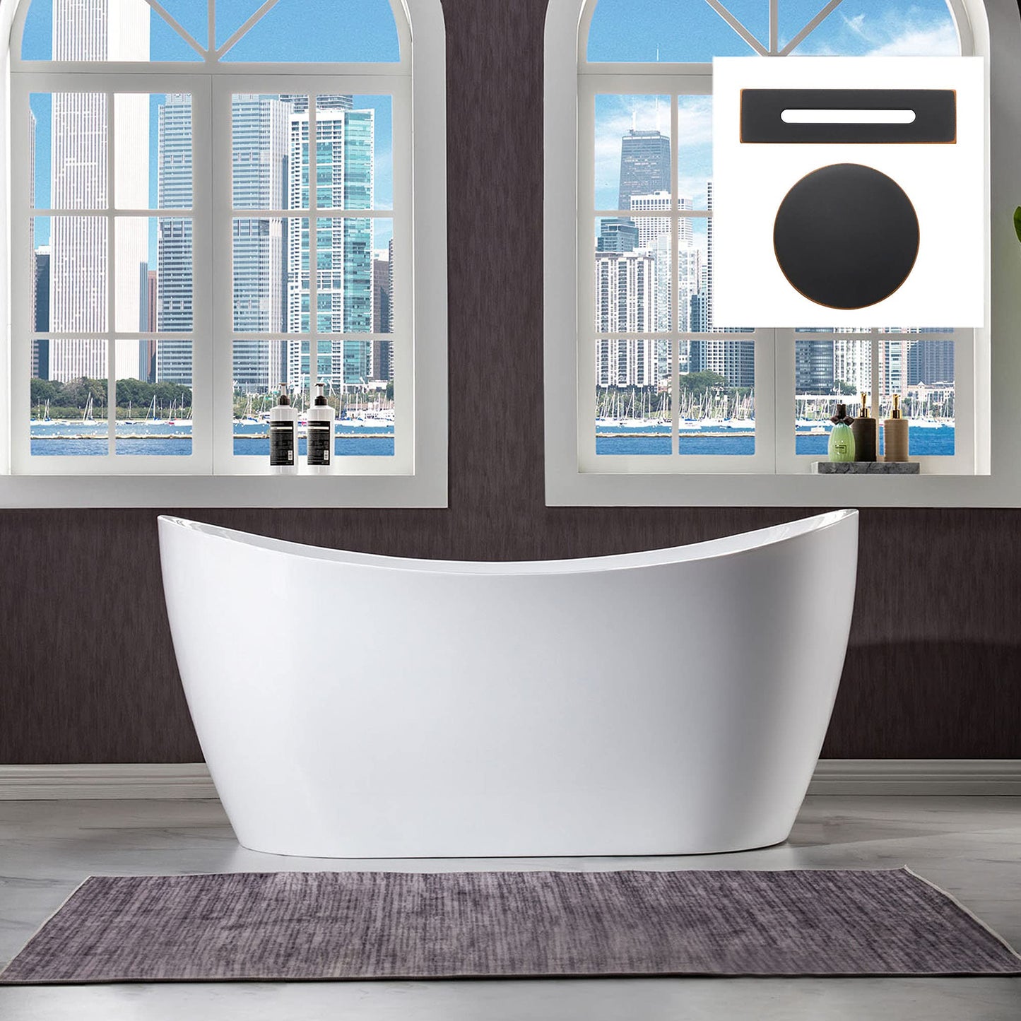 WOODBRIDGE 59" Acrylic Freestanding Bathtub Contemporary Soaking White Tub with Oil Rubbed Bronze Overflow and Drain，B0016 -ORB-Drain &O