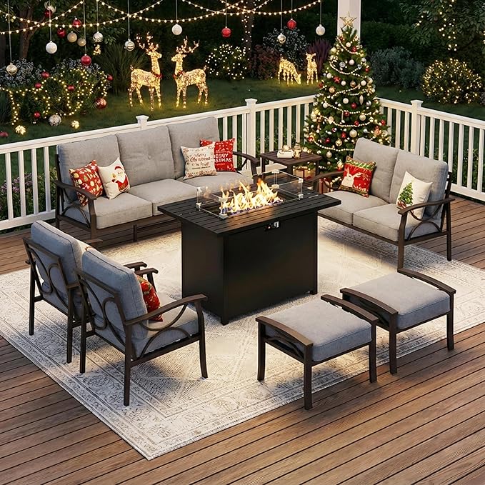 FansaFurn 8-Pieces Outdoor Patio Furniture Set with 43" Fire Pit Table, Metal Outdoor Sectional Furniture with Cushions, Outdoor Conversation Set for Garden, Balcony, Deck, Backyard, Grey