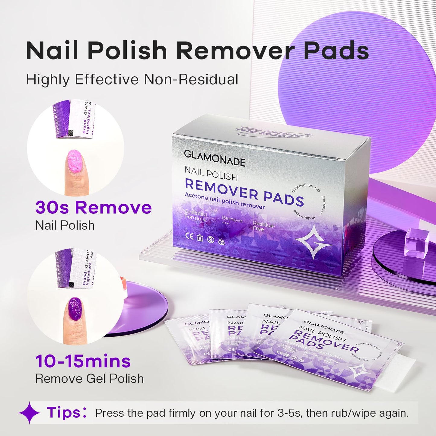 Glamonade Nail Polish Remover Pads: Acetone Nail Polish Remover Wipes 50 PCS Professional Individually Wrapped Wet Wipes Rapidly