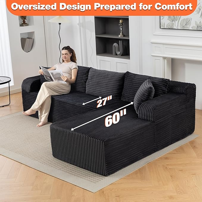 TonghuaS 106” Cloud Modular Sectional Sofa with L-Shape Chaise and Deep Seat, Corduroy Memory Foam Boneless Compressed Couch for Living Room, No Assembly Required(Left Facing Chaise, Dark Grey)