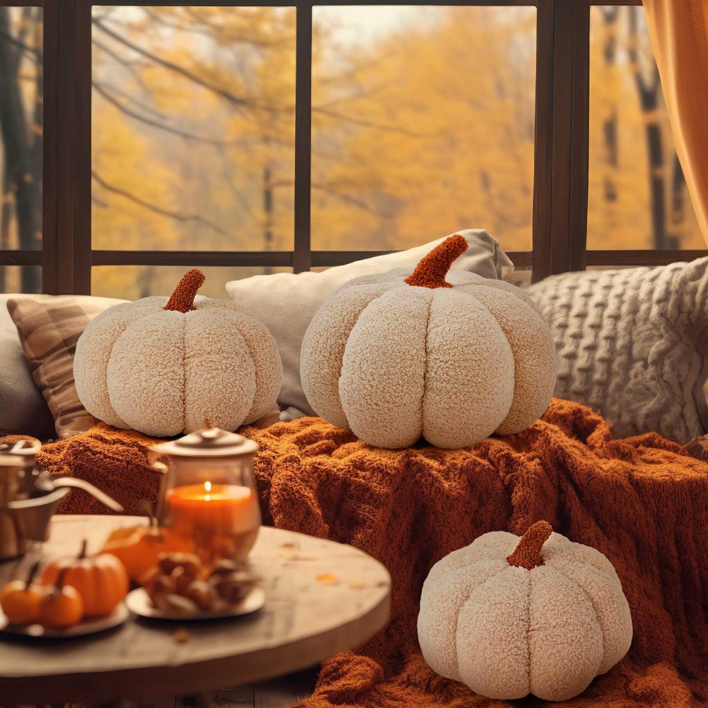 Juexica 3 Pcs Stuffed Pumpkin Pillow Fluffy Plush 3D Pumpkin Shaped Decoration Fall Thanksgiving Halloween Pillow Cushion Cute Soft Throw for Sofa Couch Supplies (Beige)
