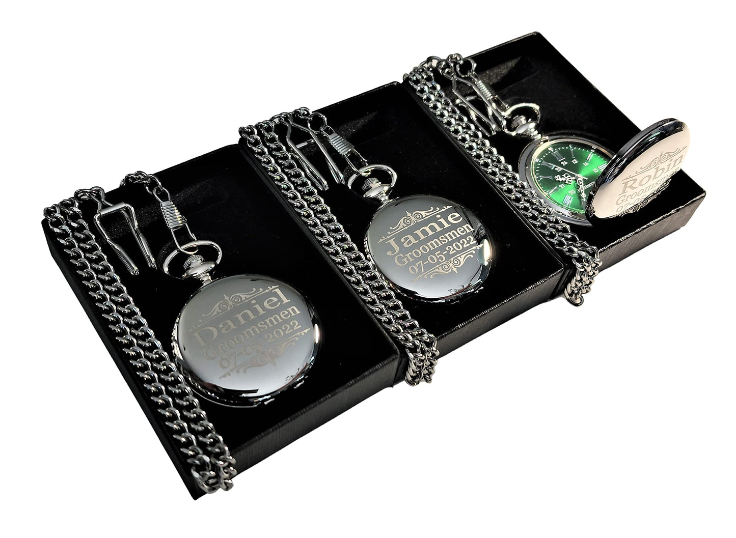 1 Engraved pocket watch - Comes with fitted custom box, chain and engraving - Green dial with Silver roman numerals - Personalized Wedding gifts (Rose Gold)
