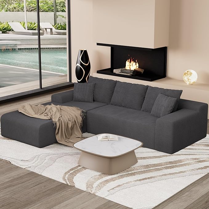 NAYA 106” Modular Sectional Sofa, Cloud Sectional Couch with Deep Seat, Modern Modular L-Shape Sofa Boneless Couch with Chaise for Living Room Bedroom (Grey, Sectional Sofa with Left Facing Chaise)