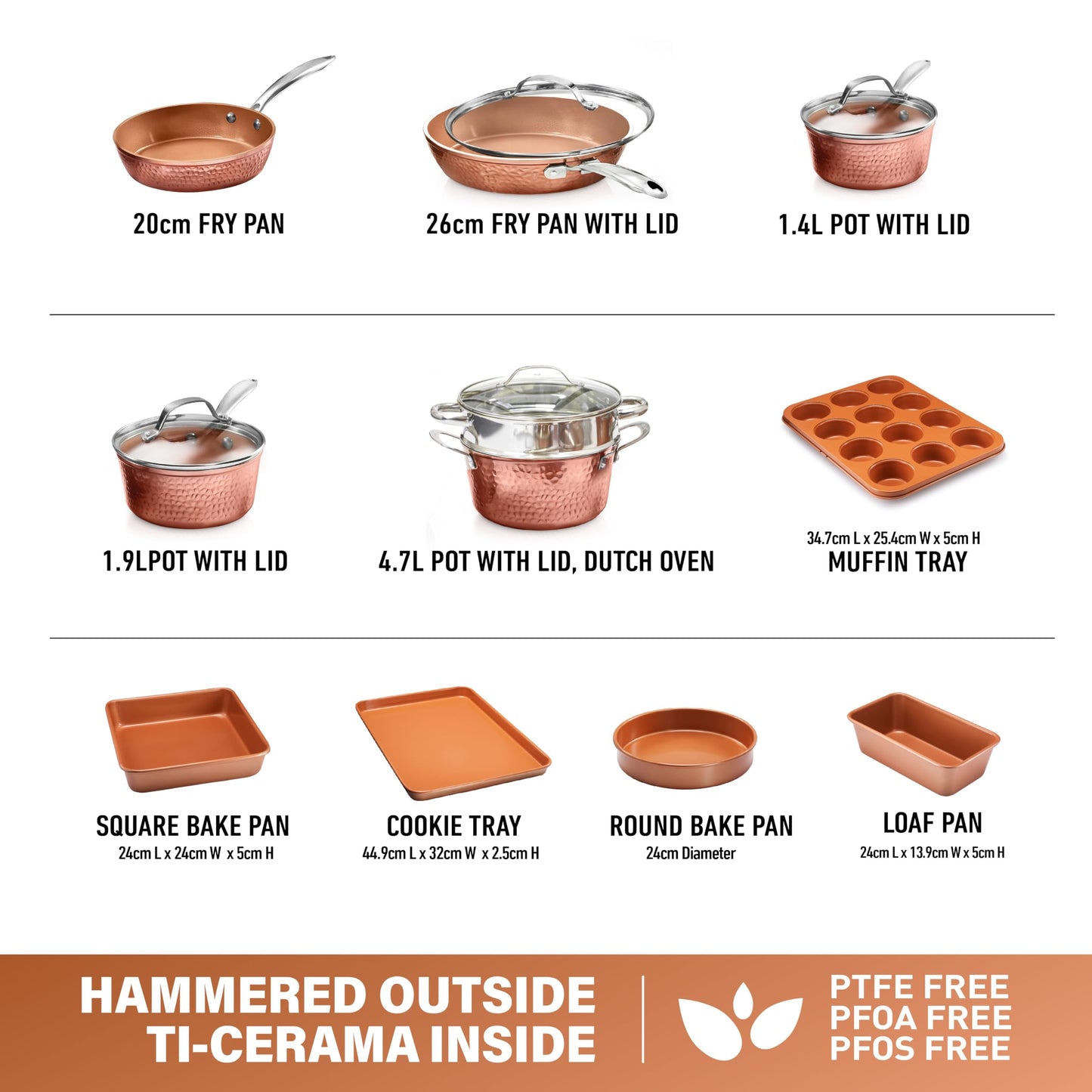 Gotham Steel Hammered 15 Pc Ceramic Cookware Set Nonstick, Induction Pots and Pans Set Non Stick with Bakeware Set & Steamer for Cooking, Non Toxic PFOA PFOS Free, Oven & Dishwasher Safe - Copper