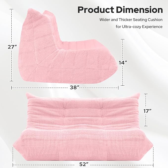HABUTWAY Bean Bag Chairs Fireside Lazy Floor Sofa, Soft Teddy Fleece 2 Seater Sofa with High-Resilience Foam Filling，Beanbag for Living Room, Bedroom, Office (Pink Teddy)
