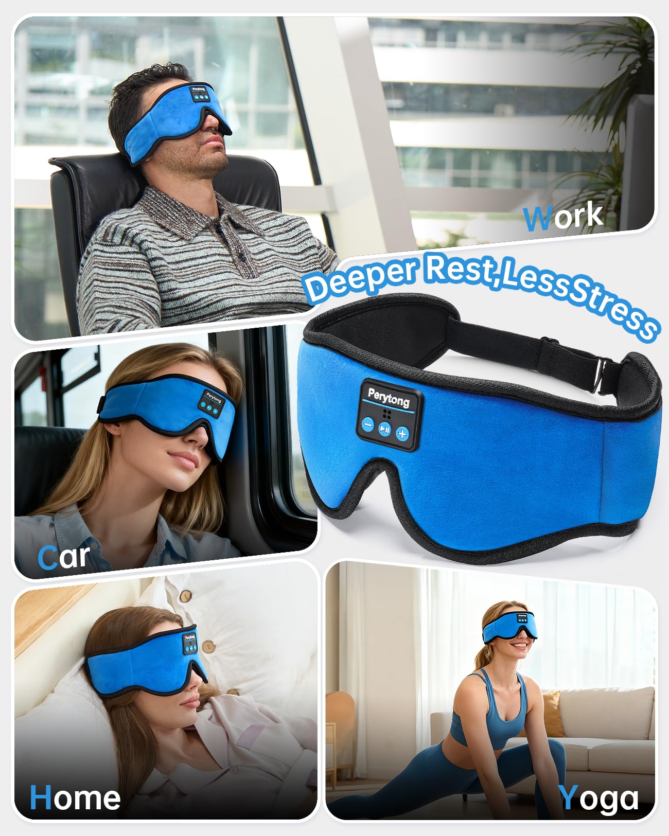 Sleep Mask with Bluetooth 5.4 Headphones, Wireless Music Sleep Eye Mask for Side Sleepers, 3D Contoured Comfort & Built-in HD Stereo Earphones, Noise Canceling & Blackout for Travel (Bright Blue)