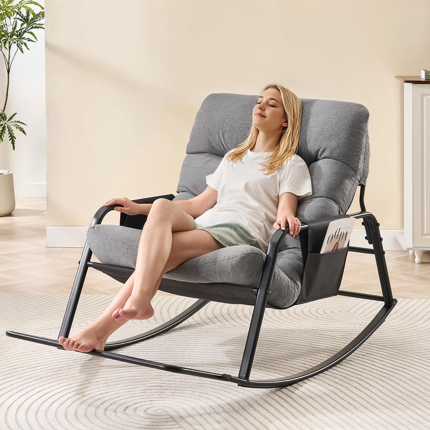 Outdoor Rocking Chair, Oversized Papasan Chair with Padded Cushion, Indoor & Outdoor Rocker Chair for Living Room, Bedroom, Patio, Garden, Gray