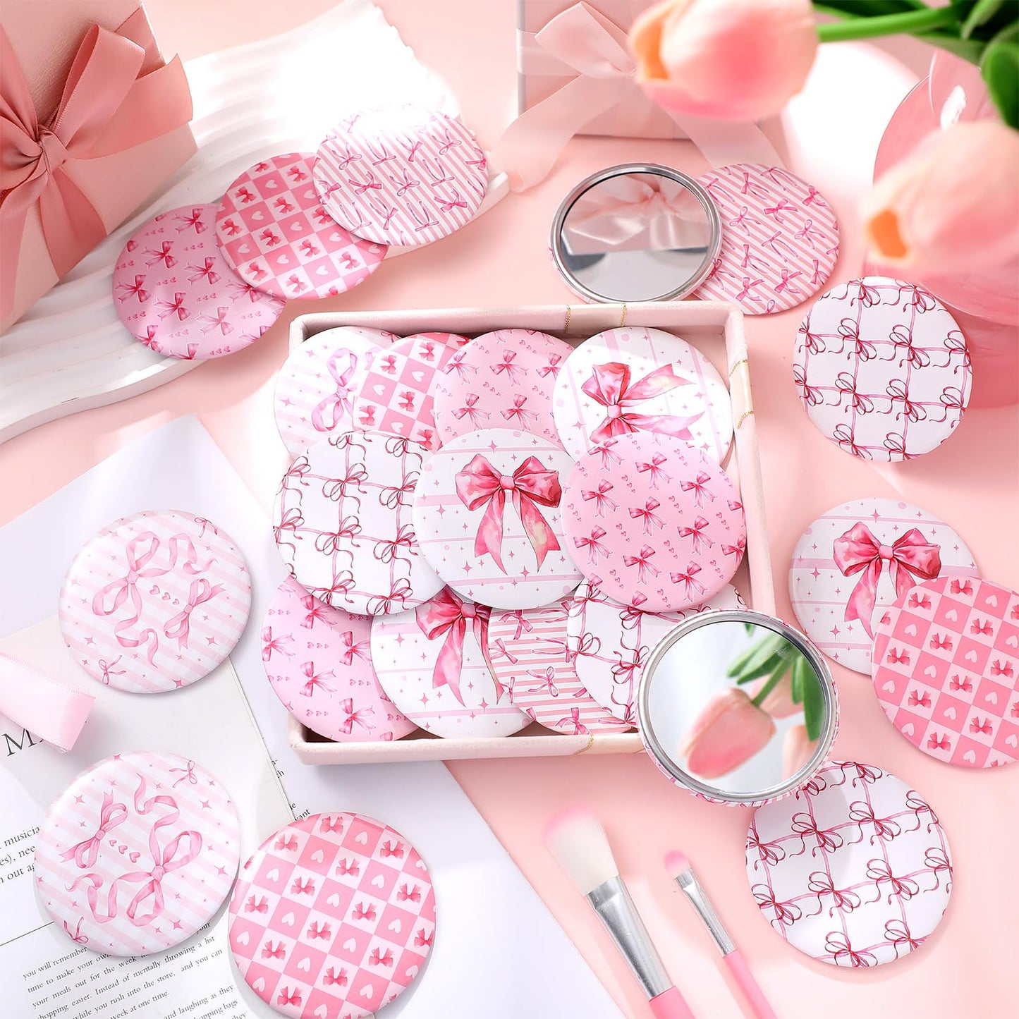 Geelin 24 Pcs Pink Compact Mirror Bulk Coquette Portable Aesthetic Mini Mirror Bulk Pink Bow Party Favors for Purse Pocket Trave