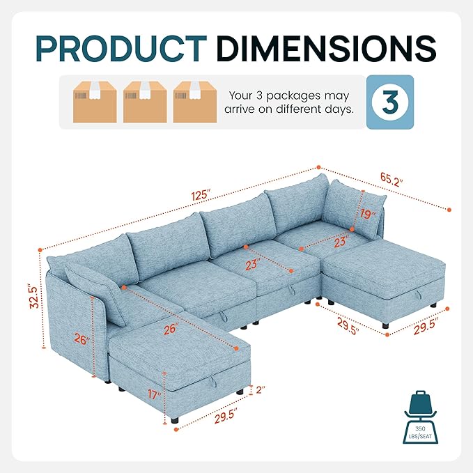FIRLZY Oversized Modular Sofa with Removable Covers and Storage, Convertible U, L-Shaped and Sleeper Sectional, Modern Sectional Couch with Ottoman Chaise for Living Room, Blue Textured, 6 Seat Sofa
