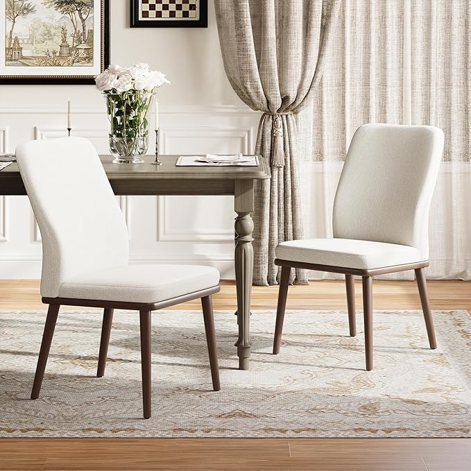 MALOL Upholstered Kitchen Chairs Set of 6, Modern Kitchen Chairs with High Back, Padded Fabric Dining Room Chair with Solid Wood Legs for Restaurant/Cafe/Home, Beige