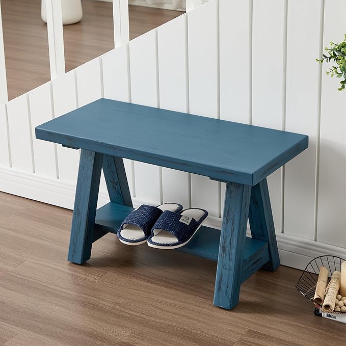 Janoray 30" Entryway Bench with Storage Farmhouse Narrow Dining Bench Shoe Rack Small Wooden Benches Holds up to 300lbs for Hallway Living Room Dining Room Bedroom，2 Tiers, Blue