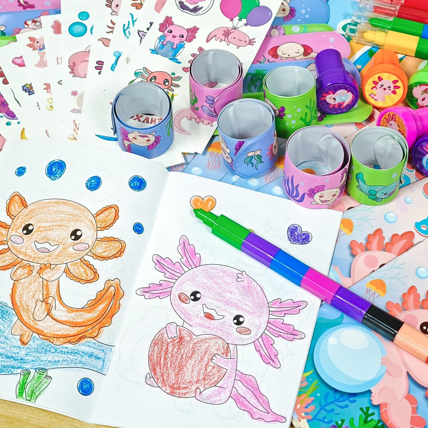 Cinrobiye 72 PCS Axolotl Party Favors Activity Set，Axolotl Coloring Books with Crayons Sticker Slap Bracelets Stampers，Amphibian Birthday Party Classroom Rewards Craft Goodie Bag Fillers Birthday