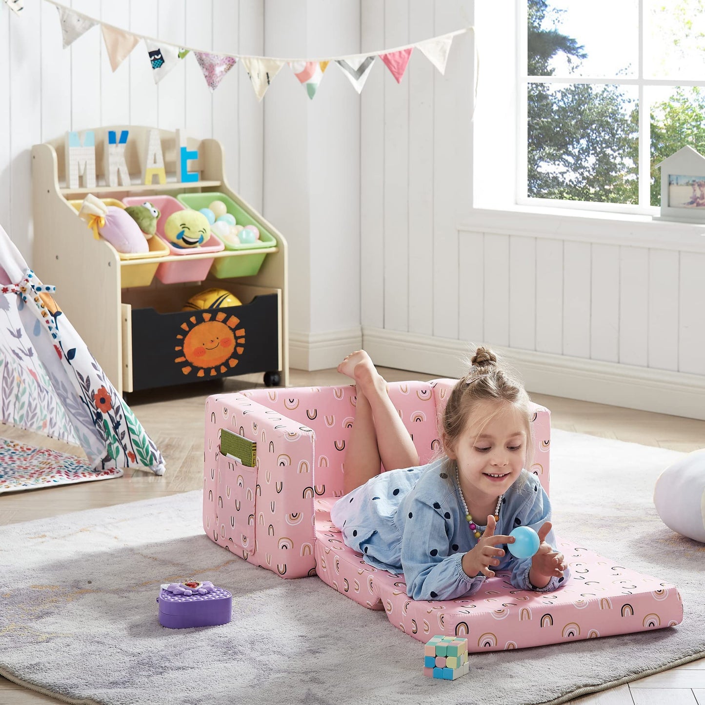 Ulax furniture Kids Sofa Chair Children FILP-Out Chair 2-in-1 Convertible Sofa to Sleeper Couch (Pink Rainbow)