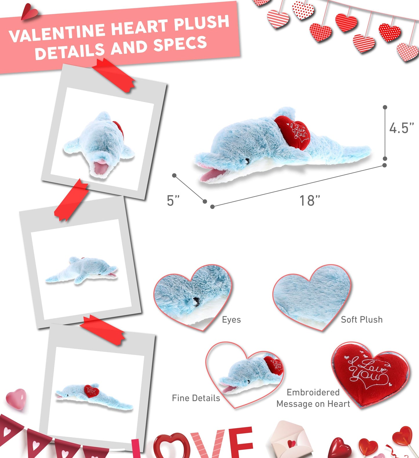 DolliBu I Love You Valentine Plush Blue Dolphin - Cute Stuffed Animal with Red Heart and Name Personalization Gift for Valentines Day, Birthday, Anniversary, Romantic Date - 18 Inches