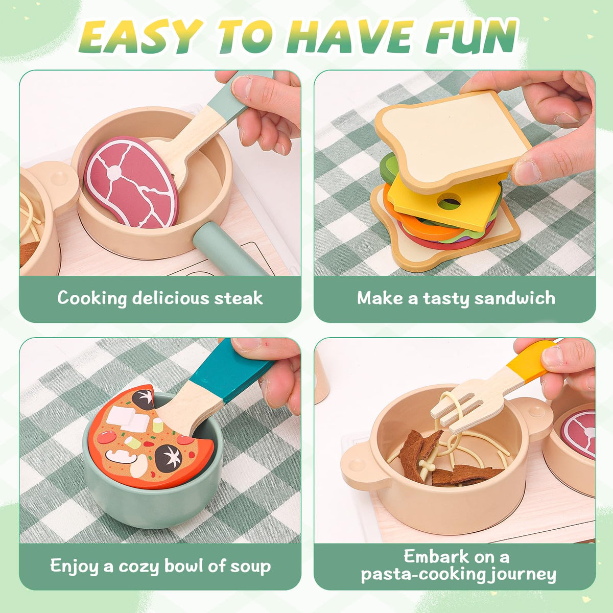 HAPGFS Wooden Play Cooking Set, Kids Pretend Play Kitchen Accessories Toys Set, Includes Play Plates, Pots, Bowls, Pans, Cutlery, Includes Fake Food, Gift for 3 4 5 Years Old Girls Boys for Birthday