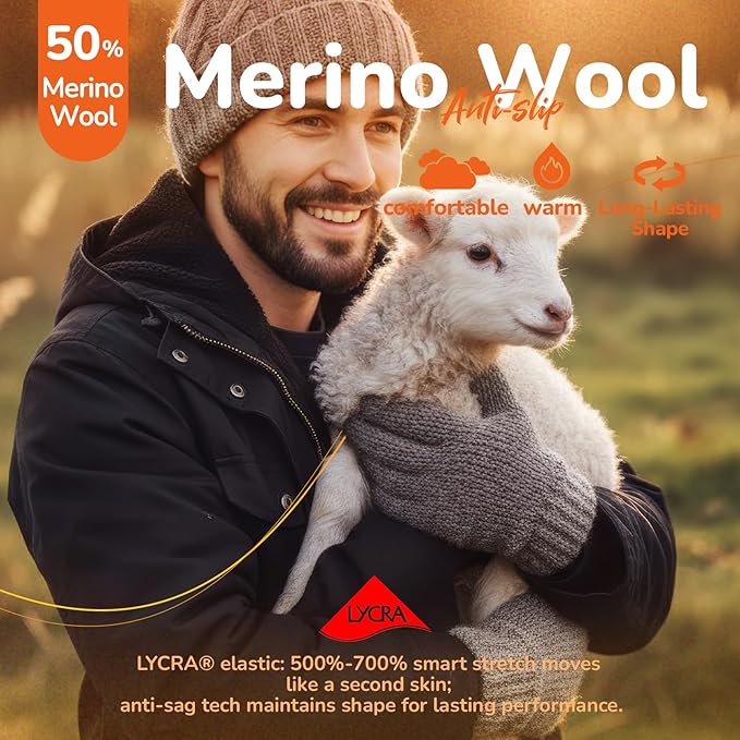 Merino Wool Gloves for Men Women Touch Screen Warm Anti-Slip Glove Liners Thermal for Driving Hiking