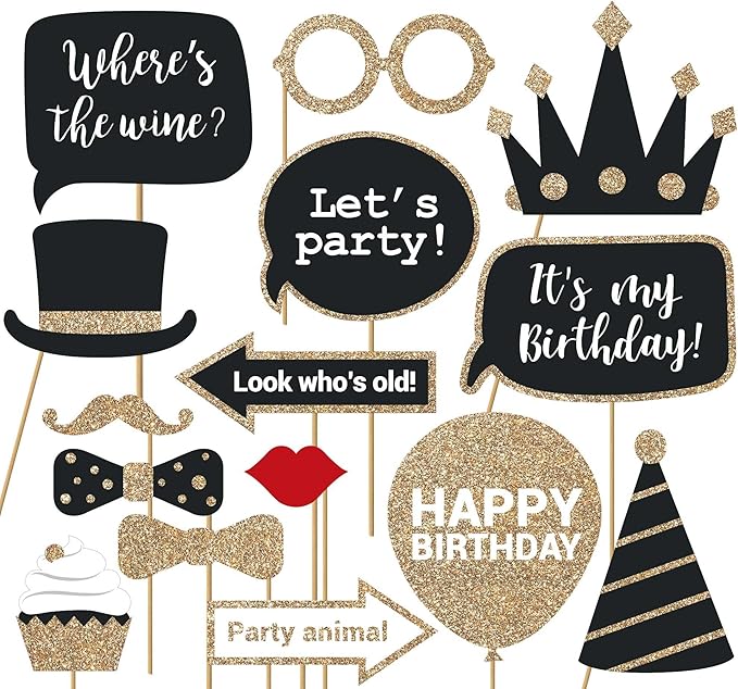 Fully Assembled Birthday Photo Booth Props. 30 Piece Box Set of Black & Gold Selfie Party Supplies and Decorations Kit wit...