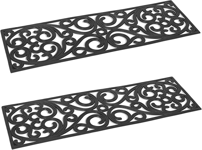 BIRDROCK HOME 10" x 30" Rubber Stair Mat with Scroll Design | Tread Mat | Keeps Your Floors Clean | Outdoor Doormat | Decorative Design (2 Pack)