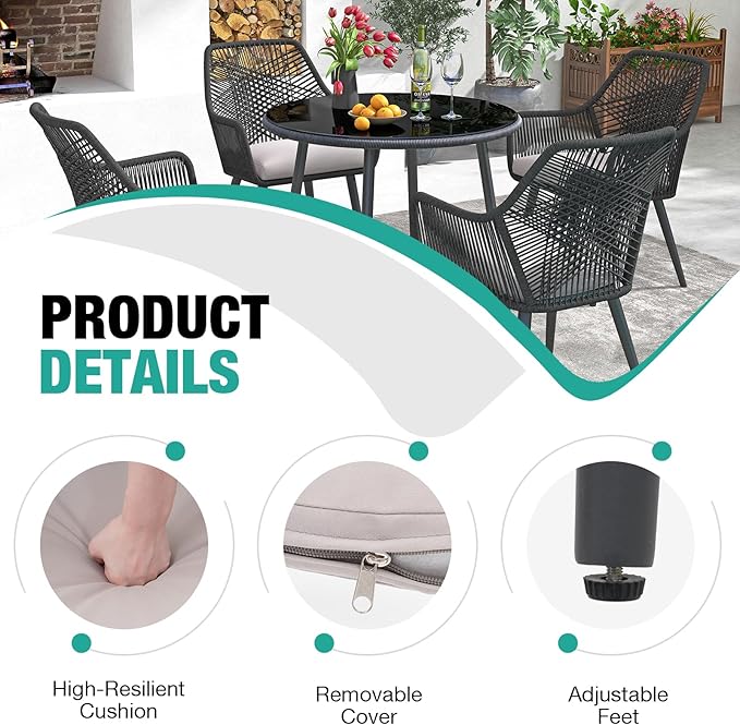 Patiorama Patio Dining Chair Set of 4, Woven Rope Outdoor Dining Chairs w/Steel Frame, All-Weather Twisted Rattan Chairs w/Armrest & Cushion, Outdoor Dining Wicker Chairs for Backyard Garden(Black)