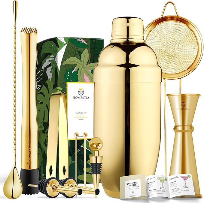 Homestia Gold Bartender Kit - Stainless-Steel Cocktail Shaker Set - Mixology Bar Tools with Drink Shaker, Mixer Spoon and ...